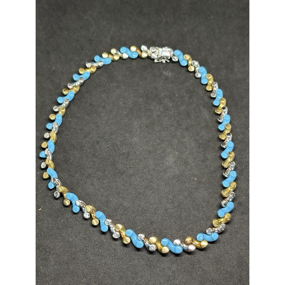 Vintage Sterling Silver 925 3 Tone Gold Turquoise Enamel Twisted Necklace KR 32g - Picture 10 of 13